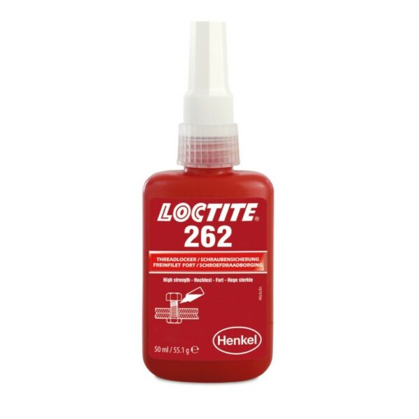 Loctite 262 - 50 ml - Tiksotropno metakrilatno lepilo za vijačno varovanje srednje/visoke trdnosti, ki za lažje nadzorovanje fluorescira pod UV-svetlobo. 9002010000835